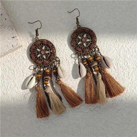 Boho Dreamcatcher Tassel Earrings | Feather & Turquoise Dangle Designs - Picture 5 of 7
